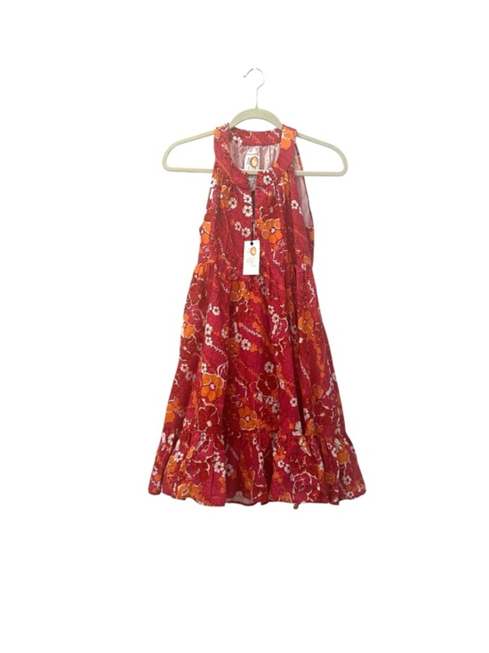 NWT Aloha Marina “ Minnie” Pink & Orange Hawaiian Floral Halter Summer Dress S